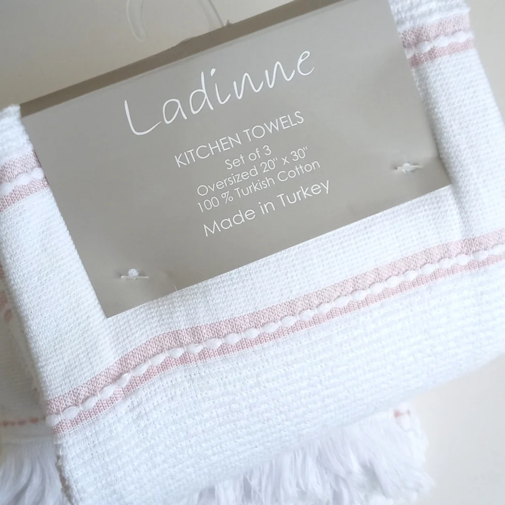 Set Of 3 Laddine White & Light Pink Striped Large Oversized Kitchen Towels